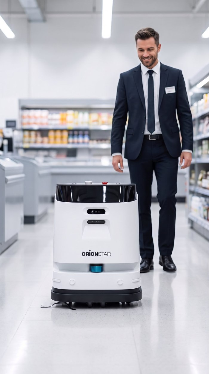 Robot CleaniBot OrionStar en situation dans un point de vente