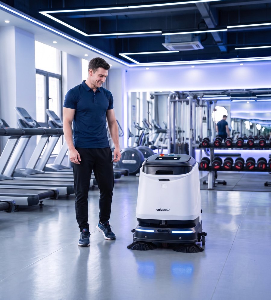 CleaniBot J36 en fonctionnement dans une salle de sport, à côté d'un utilisateur