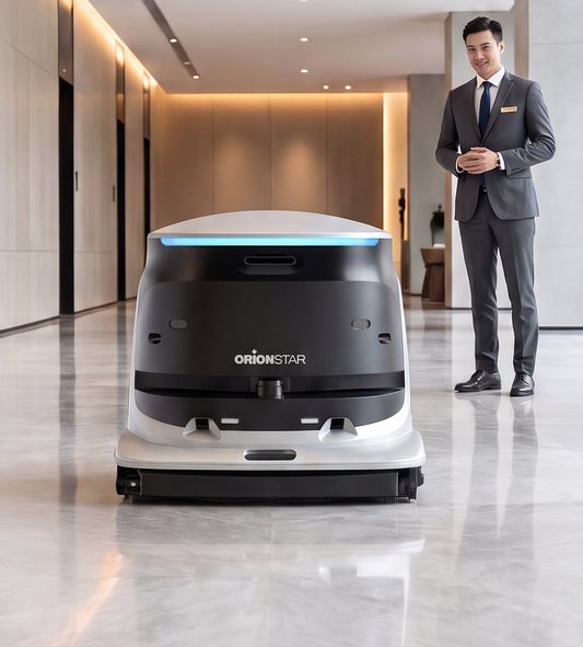 CleaniBot S55 Pro en fonctionnement dans un hall d'hôtel, à côté d'un membre du personnel